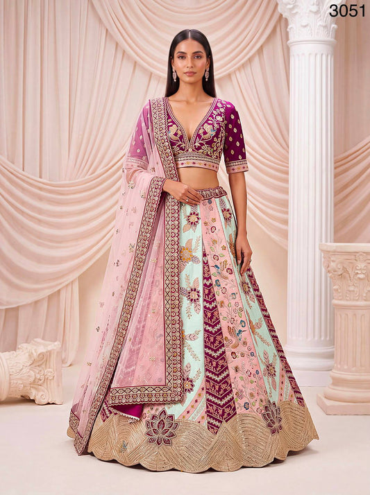 Multi Pure Satin Silk Flower Patch Work Real Hand Mirror & Multi thread Zari Work Bridal Lehenga Choli