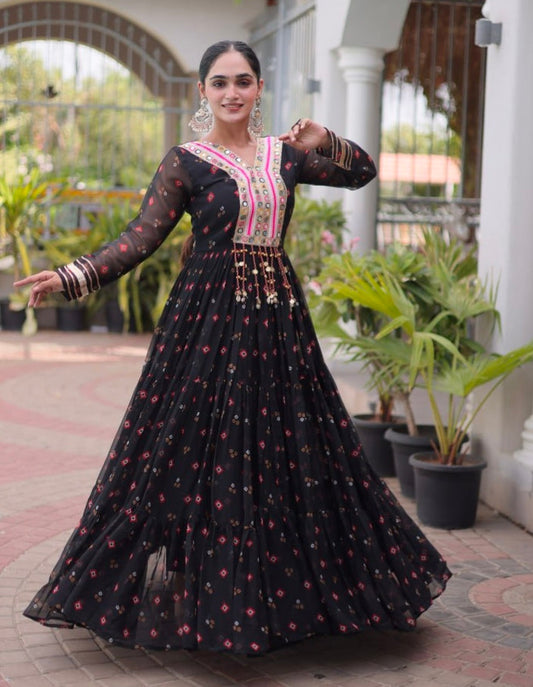 Black Pure Faux Georgette Lahariya Print with Kutchi Patchwork Navratri Lehenga Choli