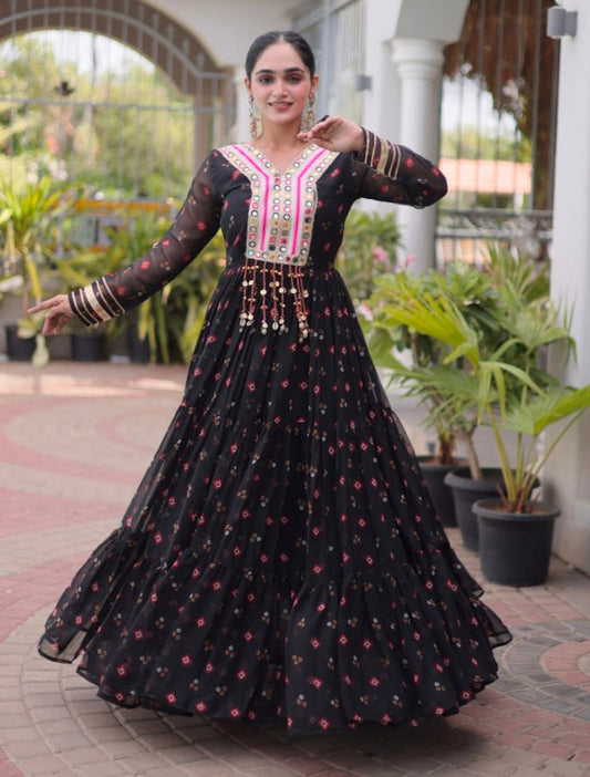 Black Pure Faux Georgette Lahariya Print with Kutchi Patchwork Navratri Lehenga Choli