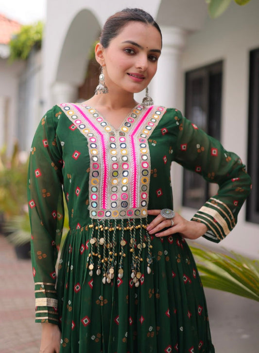 Green Pure Faux Georgette Lahariya Print with Kutchi Patchwork Navratri Lehenga Choli
