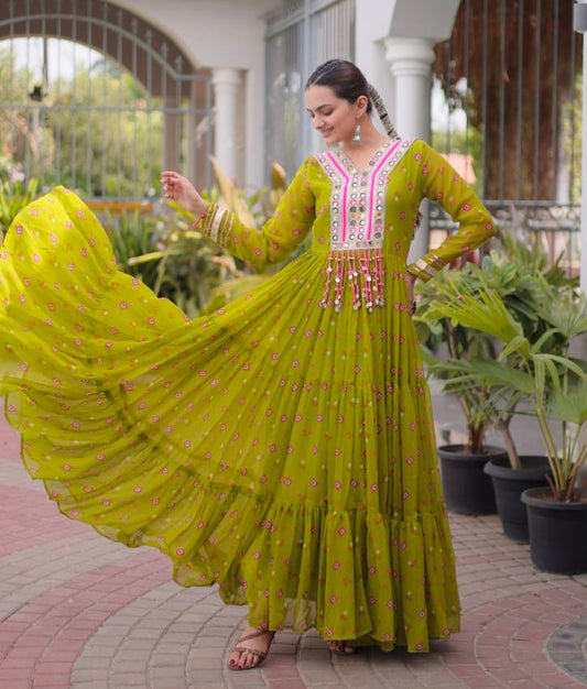 Mustard Pure Faux Georgette Lahariya Print with Kutchi Patchwork Navratri Lehenga Choli