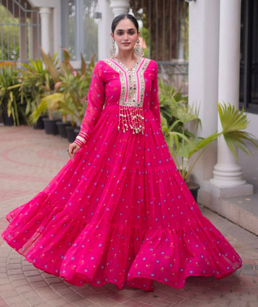 Pink Pure Faux Georgette Lahariya Print with Kutchi Patchwork Navratri Lehenga Choli