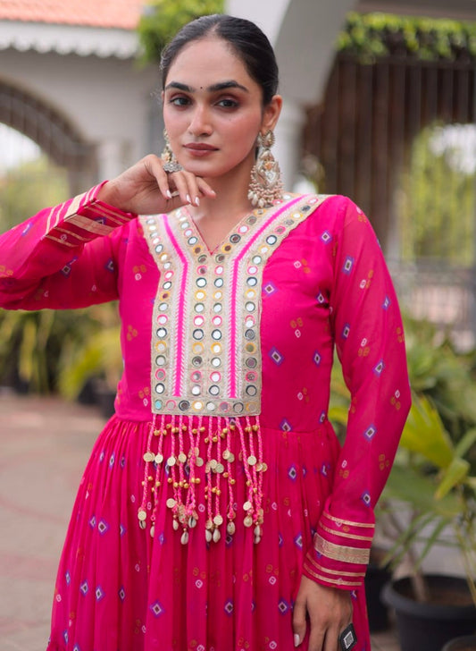 Pink Pure Faux Georgette Lahariya Print with Kutchi Patchwork Navratri Lehenga Choli