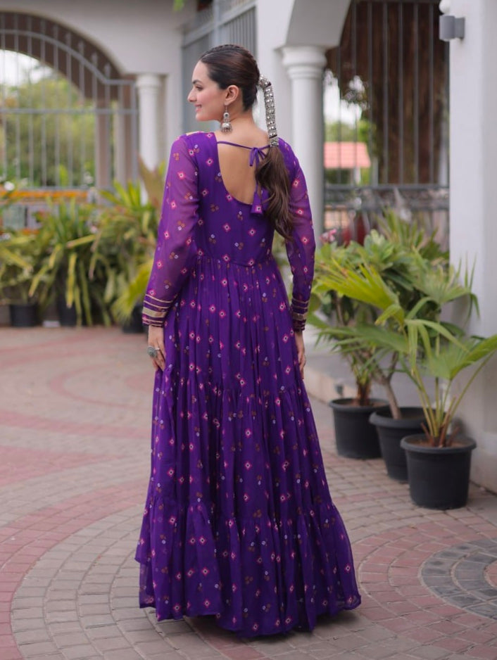 Purple Pure Faux Georgette Lahariya Print with Kutchi Patchwork Navratri Lehenga Choli