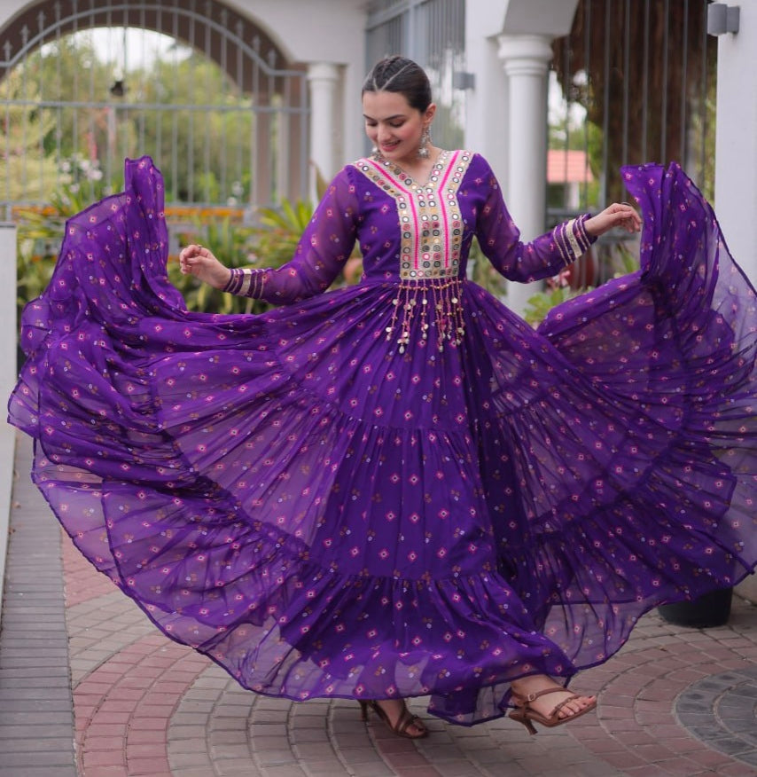 Purple Pure Faux Georgette Lahariya Print with Kutchi Patchwork Navratri Lehenga Choli