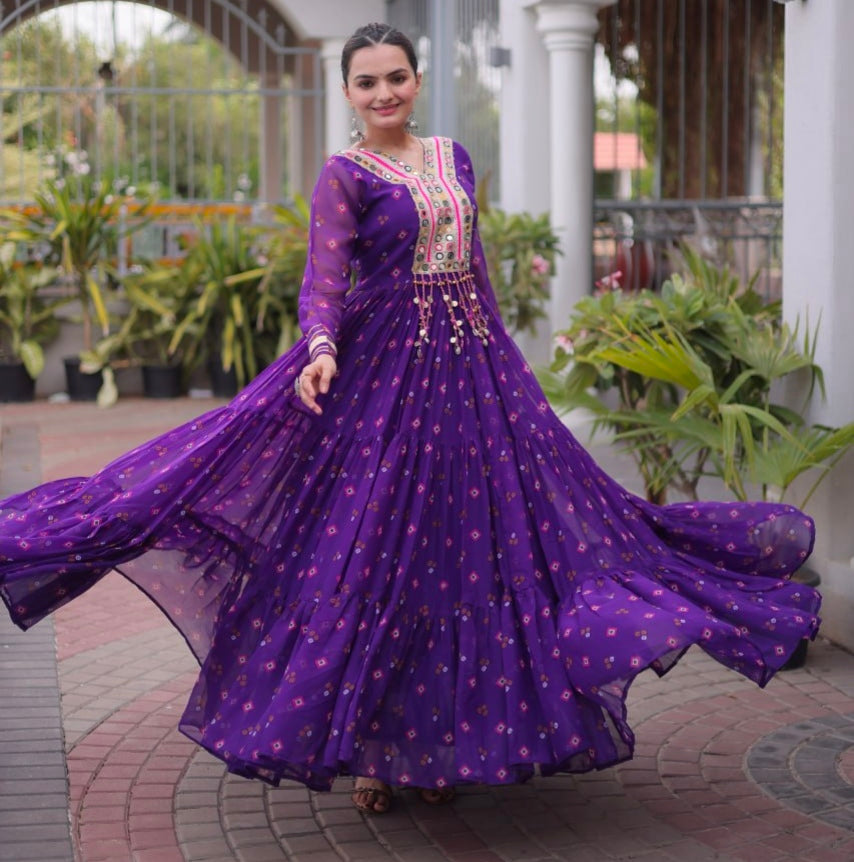 Purple Pure Faux Georgette Lahariya Print with Kutchi Patchwork Navratri Lehenga Choli