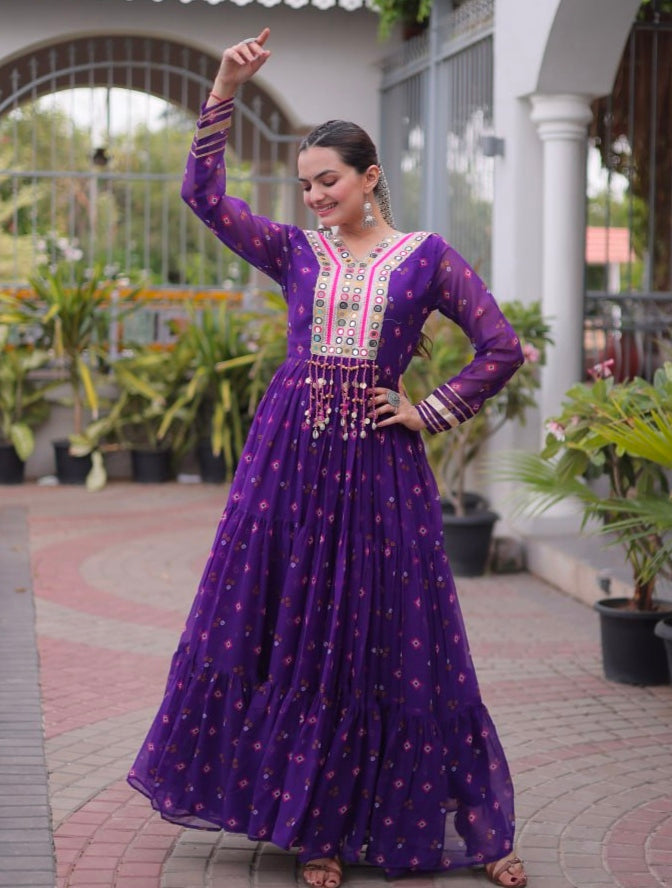 Purple Pure Faux Georgette Lahariya Print with Kutchi Patchwork Navratri Lehenga Choli