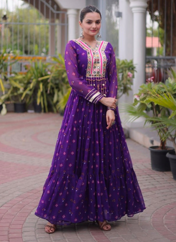 Purple Pure Faux Georgette Lahariya Print with Kutchi Patchwork Navratri Lehenga Choli