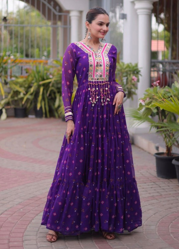 Purple Pure Faux Georgette Lahariya Print with Kutchi Patchwork Navratri Lehenga Choli