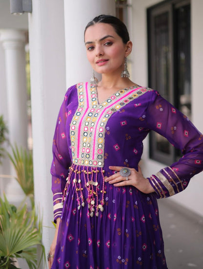 Purple Pure Faux Georgette Lahariya Print with Kutchi Patchwork Navratri Lehenga Choli