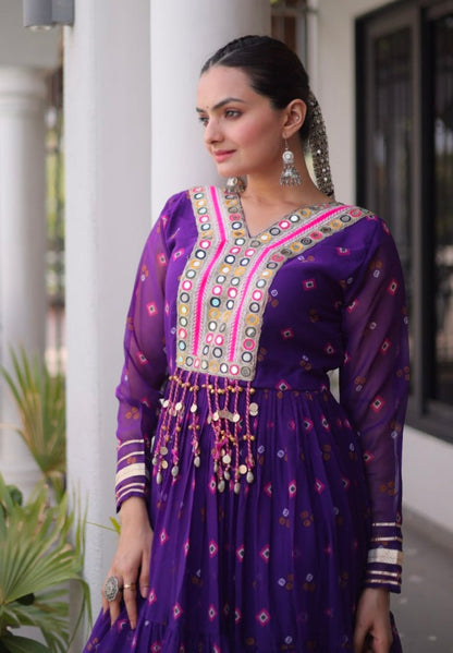 Purple Pure Faux Georgette Lahariya Print with Kutchi Patchwork Navratri Lehenga Choli