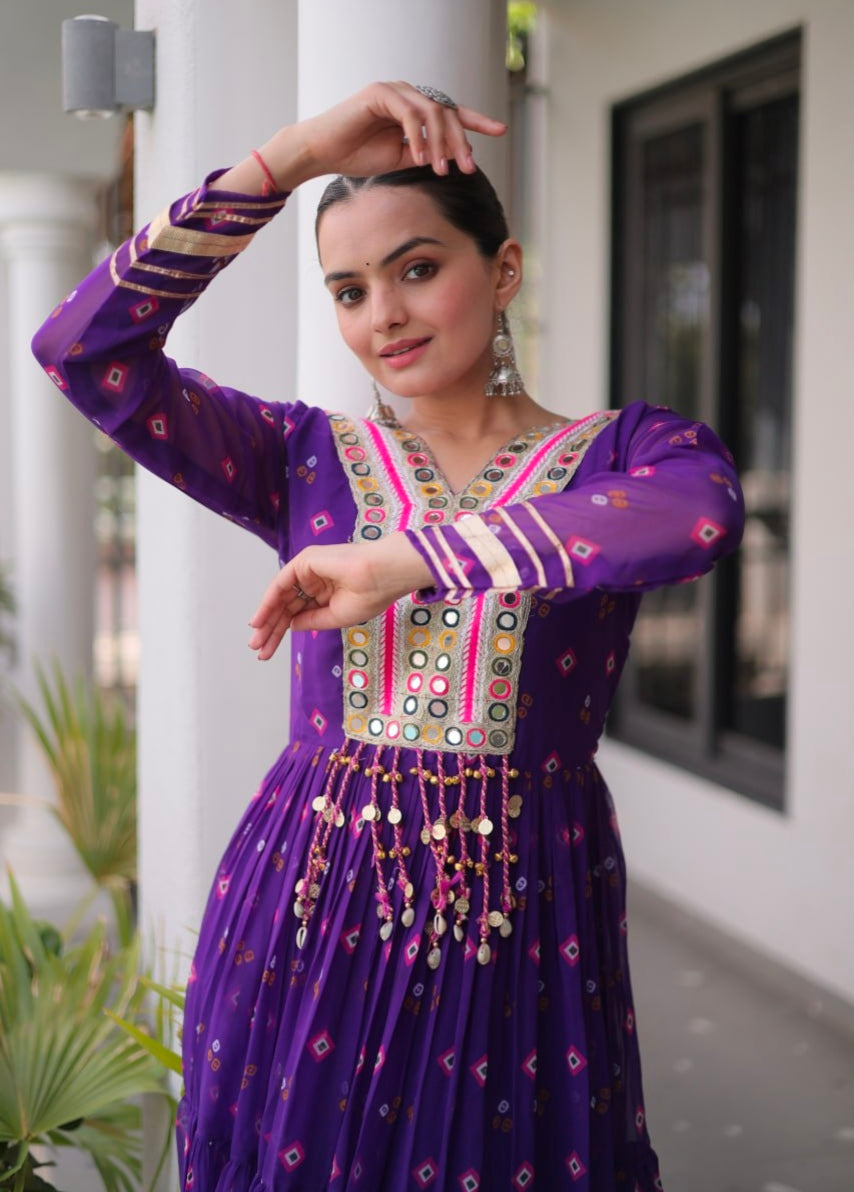 Purple Pure Faux Georgette Lahariya Print with Kutchi Patchwork Navratri Lehenga Choli
