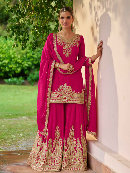 Rani Pink Real Chinon Embroidered Sharara Suit with Dupatta