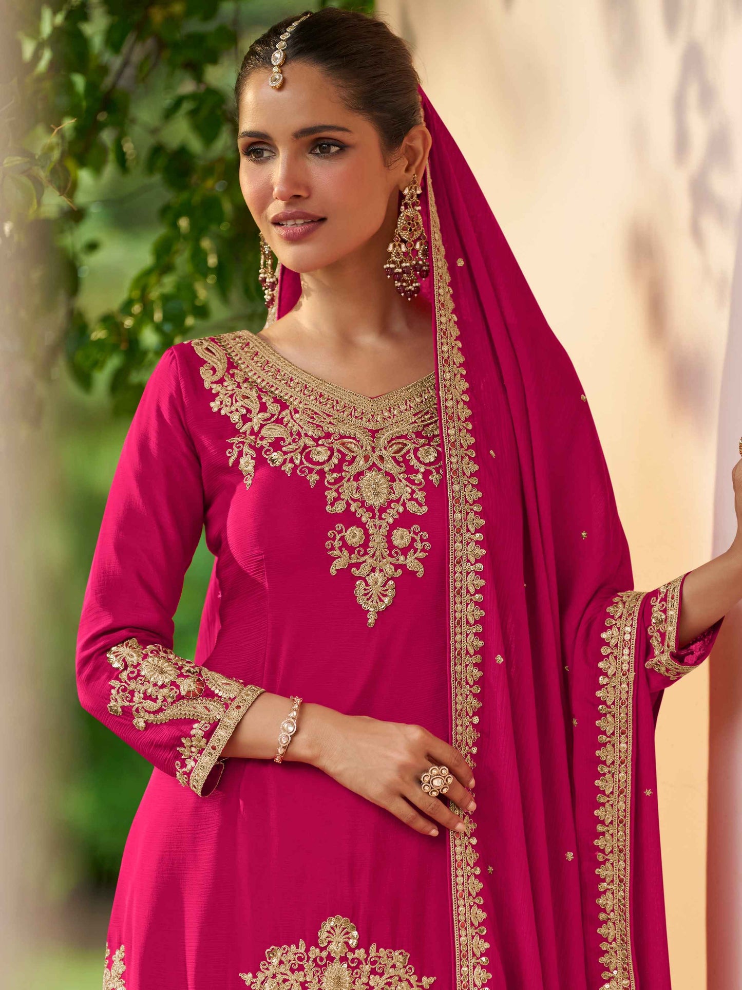 Rani Pink Real Chinon Embroidered Sharara Suit with Dupatta