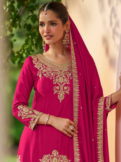 Rani Pink Real Chinon Embroidered Sharara Suit with Dupatta
