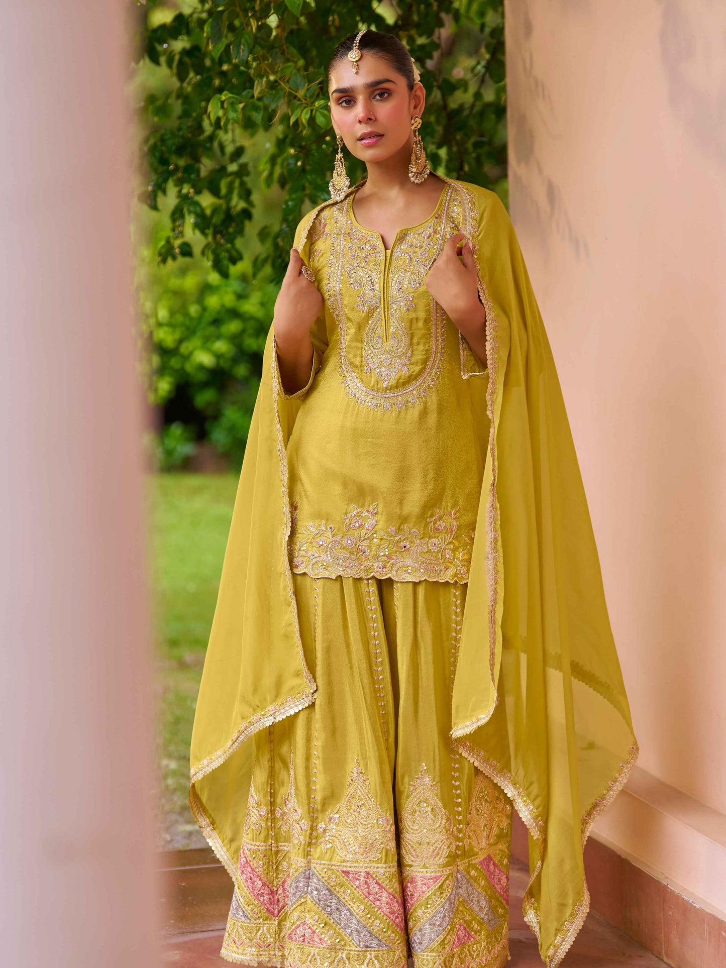 Mustard Yellow Real Chinon Sharara Suit with Heavy Embroidery