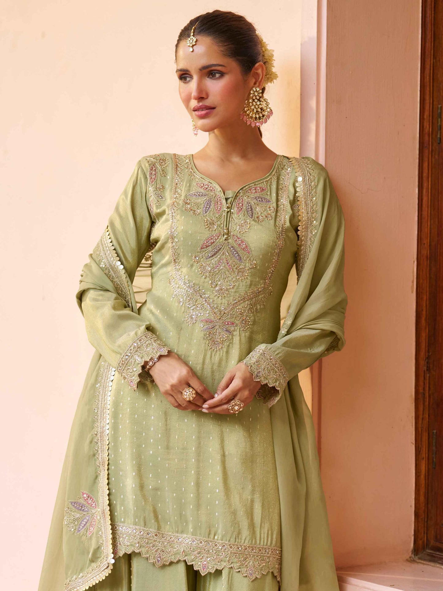 Pista Green Real Chinon Embroidered Sharara Suit with Dupatta