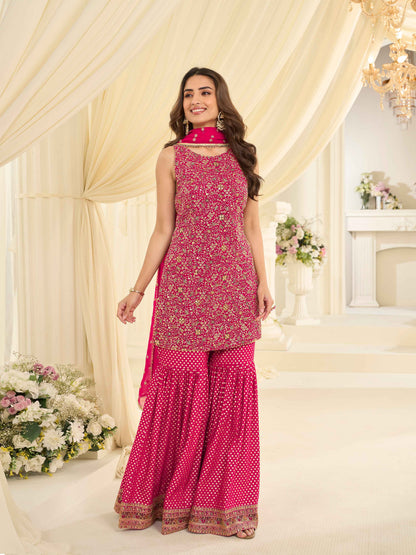 Hot Pink Heavy Embroidered Georgette Sharara Suit with Dupatta