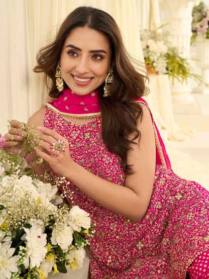 Hot Pink Heavy Embroidered Georgette Sharara Suit with Dupatta