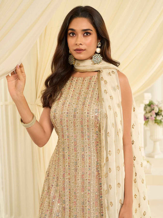 Beige Embroidered Georgette Sharara Suit with Dupatta