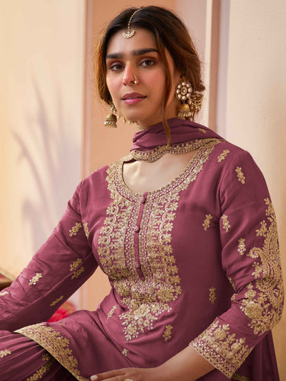 Wine Chinon Embroidered Kurta Sharara Set with Dupatta