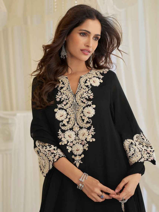 Black Beads Embroidered Chinon Silk Kurti Sharara Set with Dupatta