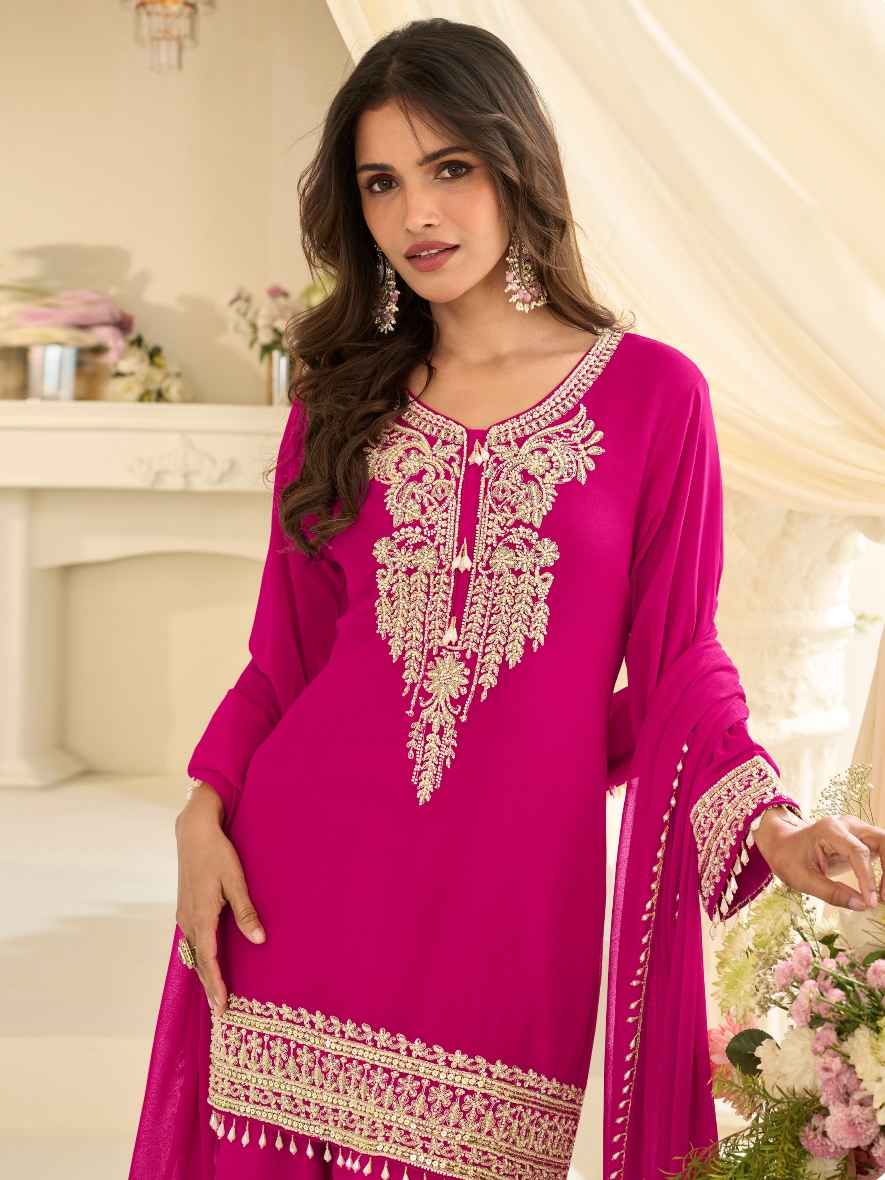 Rani Pink Premium Real Georgette Beads Embroidered Gharara Suit