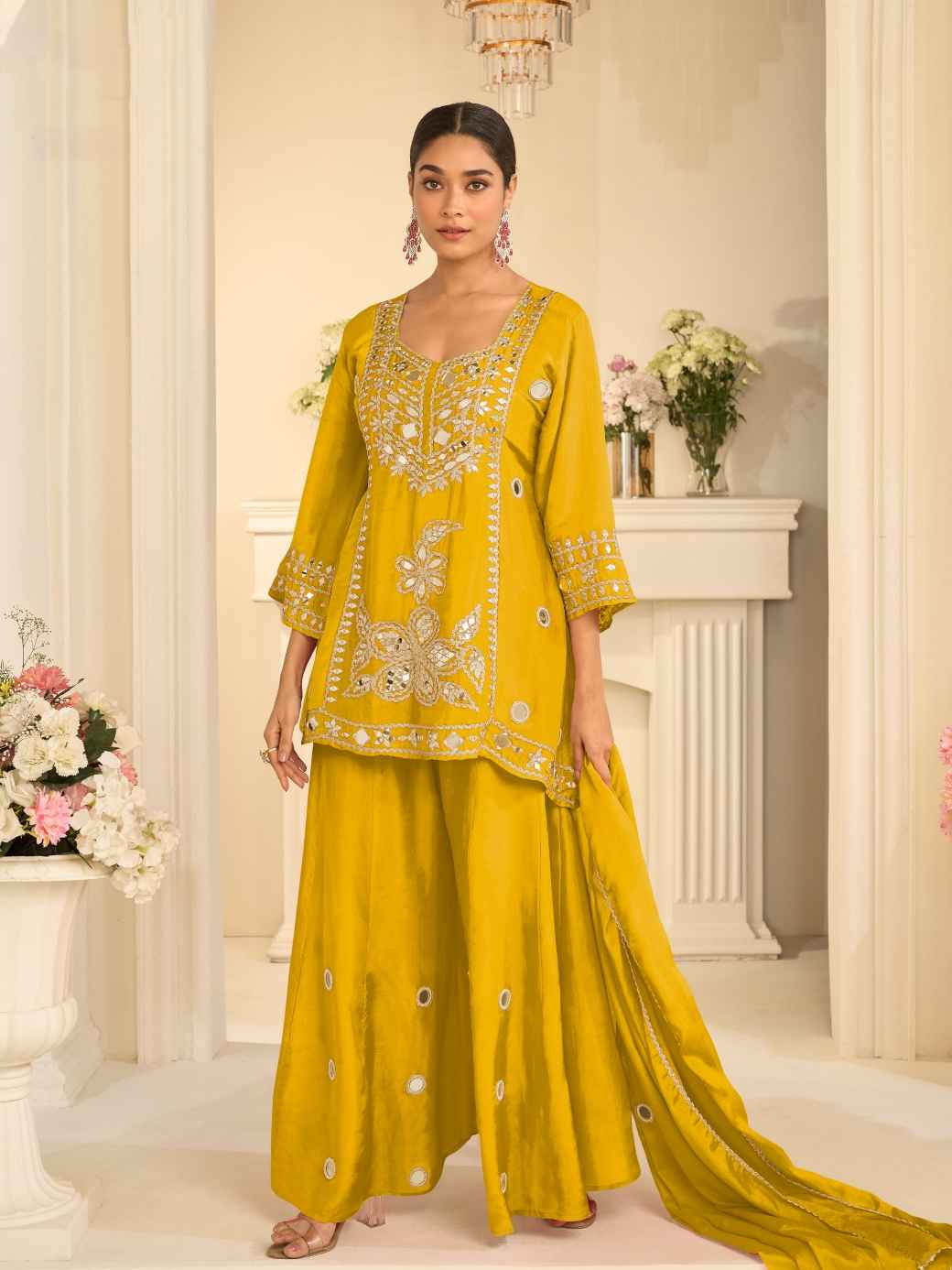 Mustard Yellow Premium Chinon Silk Festive Sharara Suit