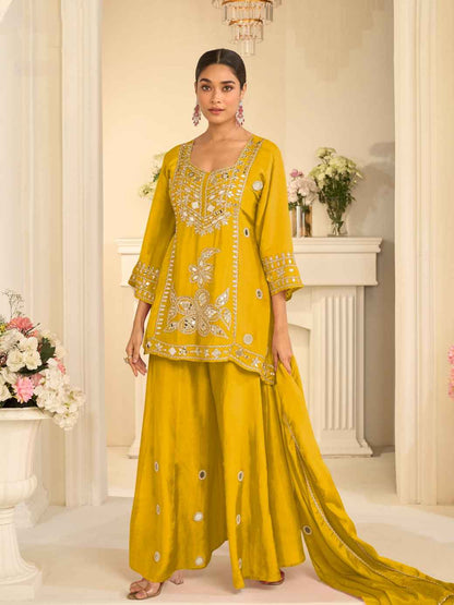 Mustard Yellow Premium Chinon Silk Festive Sharara Suit
