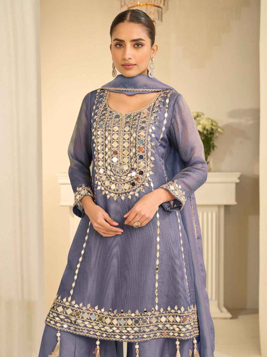 Steel Blue Premium Simar Silk Designer Sharara Set