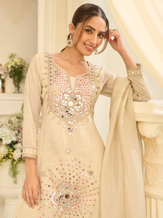 Cream Beige Premium Simar Silk Embroidered Gharara Suit
