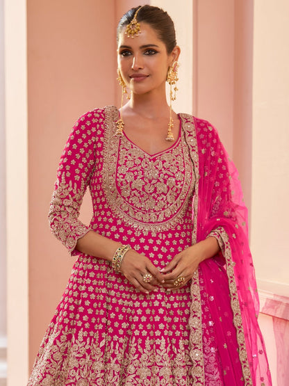 Rani Pink Real Georgette Heavy Embroidered Sharara Suit