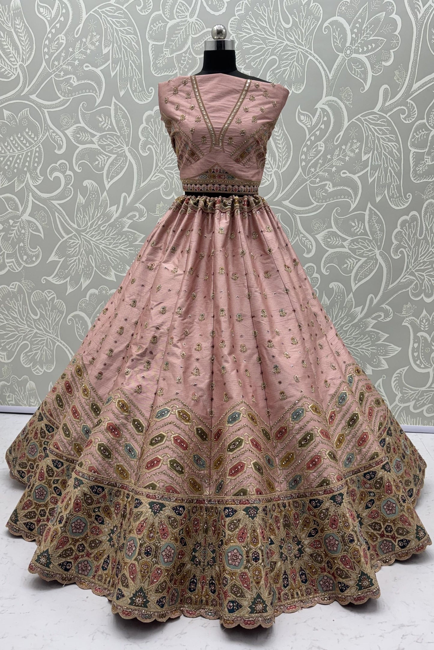 Pink Pure Slubb Silk Premium Dori Embroidery Sequins & Diamond Work Bridal Lehenga Choli