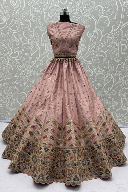 Pink Pure Slubb Silk Premium Dori Embroidery Sequins & Diamond Work Bridal Lehenga Choli