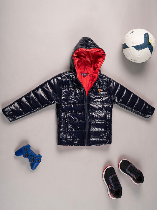 Navy Blue Metallic PU Hooded Puffer Jacket