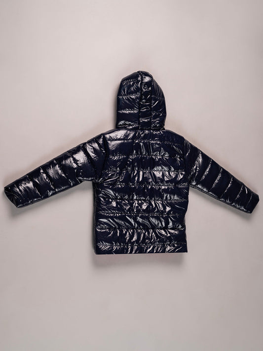 Navy Blue Metallic PU Hooded Puffer Jacket