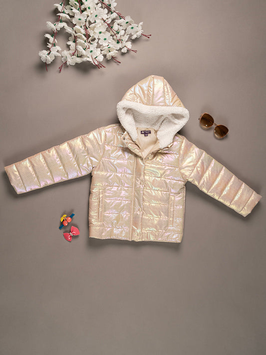 Girls Beige Metallic Hooded Puffer Jacket