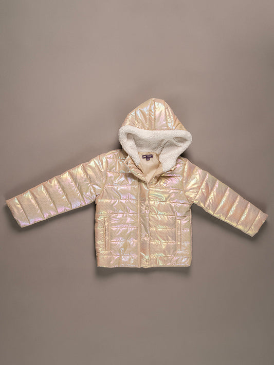 Girls Beige Metallic Hooded Puffer Jacket