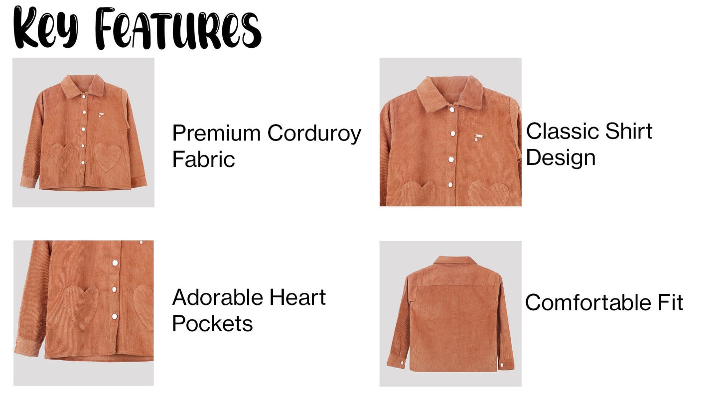 Girls Rust Corduroy Jacket with Heart Pocket Detail