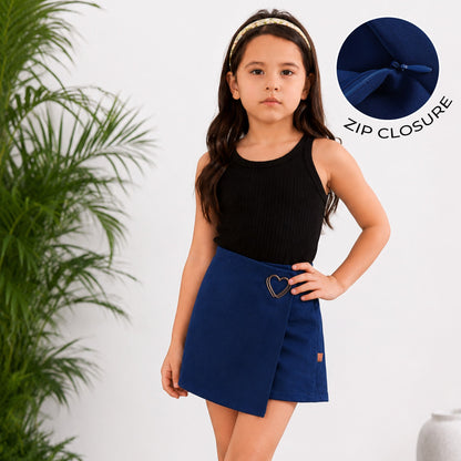 Kids Girls Skort in Navy Blue with Wrap Style and Soft Stretch Comfort for Casual Kids Wear