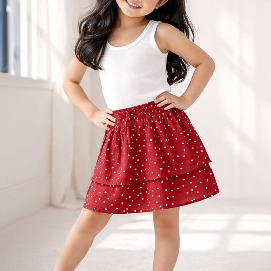 Kids Girls Maroon Polka Dot Flared Skirt with Elastic Waist