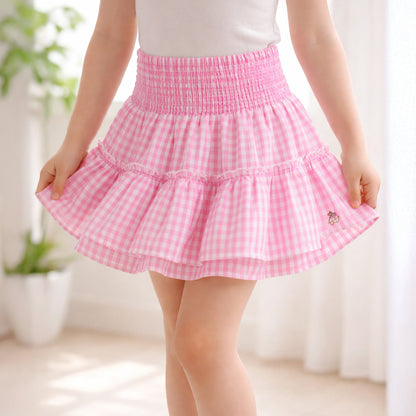 Kids Girls Skirt in Pink with Checked Tiered Ruffle & Cotton Comfort Elastic Waist for Casual Wear