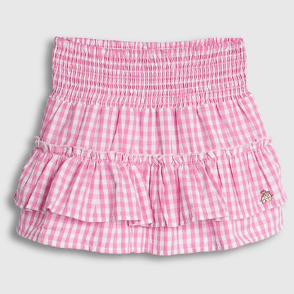 Kids Girls Skirt in Pink with Checked Tiered Ruffle & Cotton Comfort Elastic Waist for Casual Wear