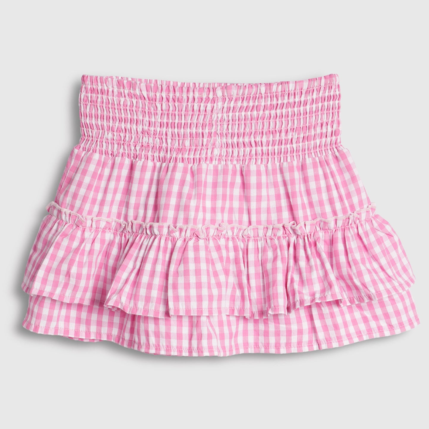 Kids Girls Skirt in Pink with Checked Tiered Ruffle & Cotton Comfort Elastic Waist for Casual Wear