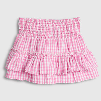 Kids Girls Skirt in Pink with Checked Tiered Ruffle & Cotton Comfort Elastic Waist for Casual Wear
