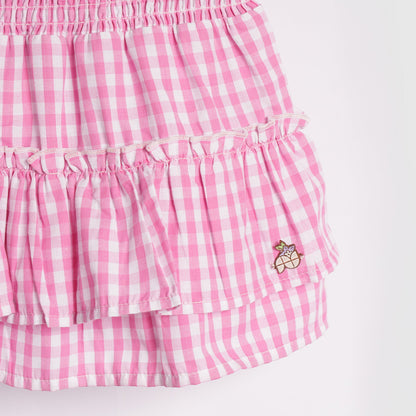 Kids Girls Skirt in Pink with Checked Tiered Ruffle & Cotton Comfort Elastic Waist for Casual Wear