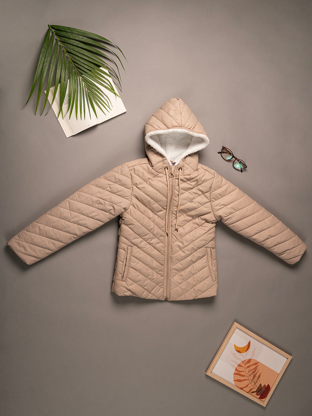 Girls Beige Hooded Quilted Poly Jacket with Soft Inner Lining