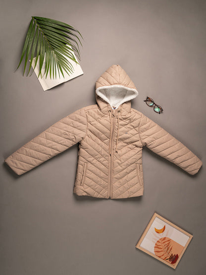 Girls Beige Hooded Quilted Poly Jacket with Soft Inner Lining