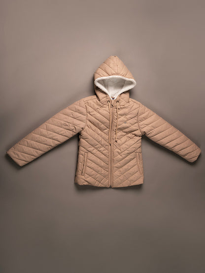 Girls Beige Hooded Quilted Poly Jacket with Soft Inner Lining