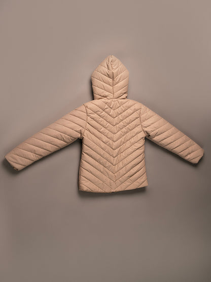Girls Beige Hooded Quilted Poly Jacket with Soft Inner Lining